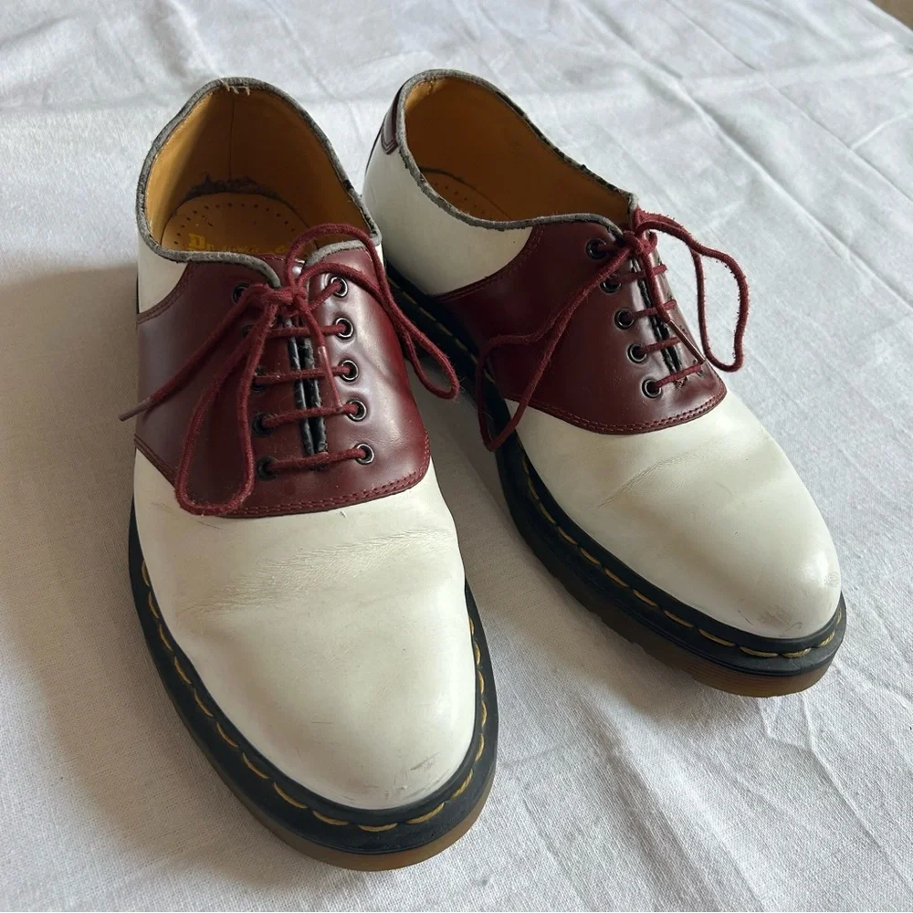 Dr. Martens | White and Burgundy Oxford Style Lace Up Shoes - Picture 1 of 16